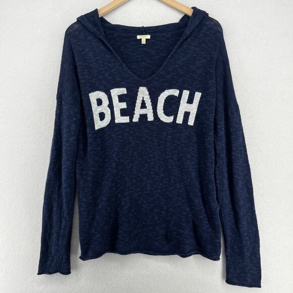 PROJECT Sweater Womens L BEACH Intarsia Slub Hooded Pullover Linen Cotton Blue - Picture 1 of 15